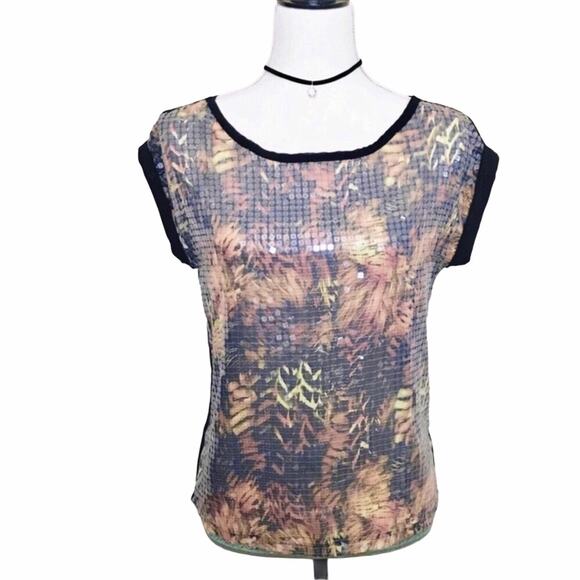 Caramelo Sequined Blouse Black & Gold Animal Print Short Sleeve Top - Picture 5 of 5